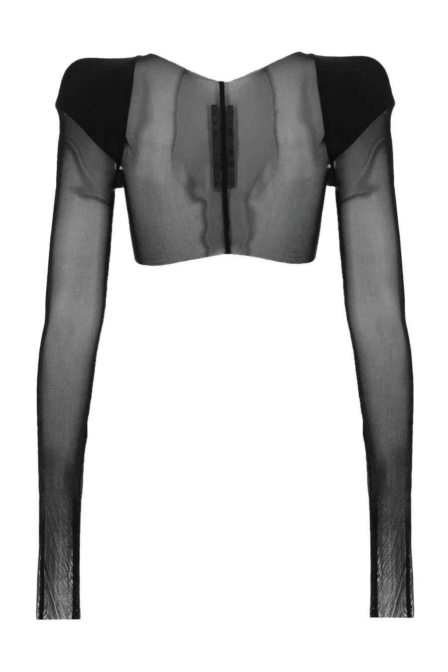 Rick Owens women’s black sheer long-sleeved crop top with opaque shoulders and central zipper detail