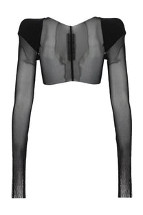 Rick Owens women’s black sheer long-sleeved crop top with opaque shoulders and central zipper detail