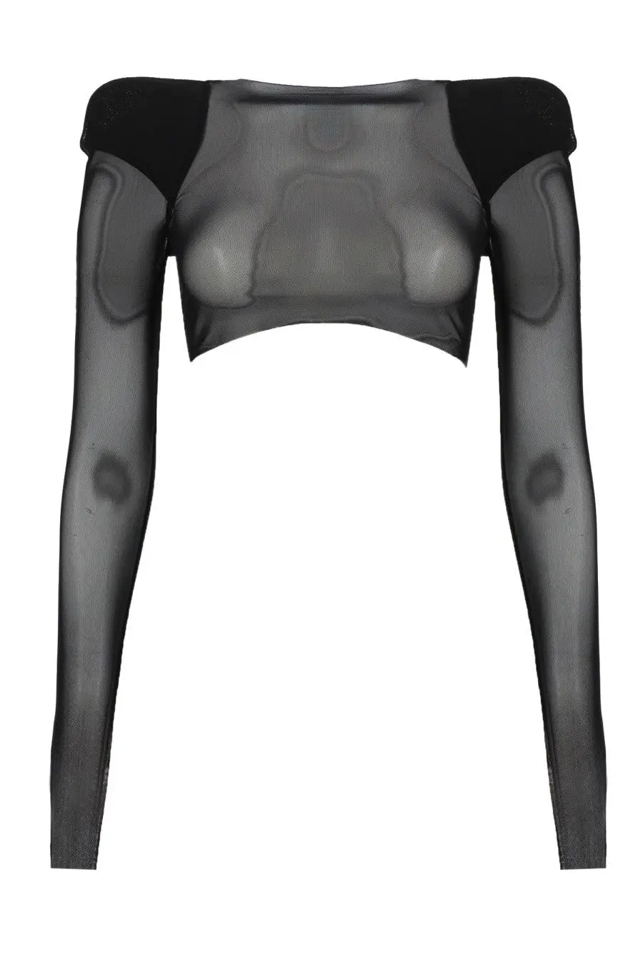 Rick Owens women’s black sheer long-sleeved crop top with padded shoulder and torso sections in mesh fabric