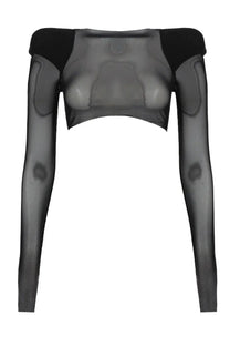 Rick Owens women’s black sheer long-sleeved crop top with padded shoulder and torso sections in mesh fabric