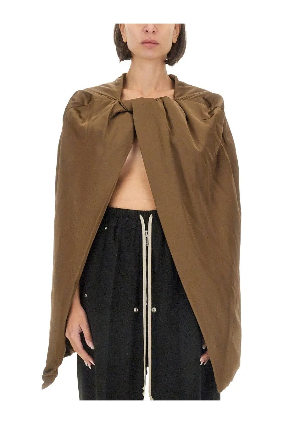 Rick Owens women’s upholstered hood brown satin cape with draped asymmetrical design and central knot neckline