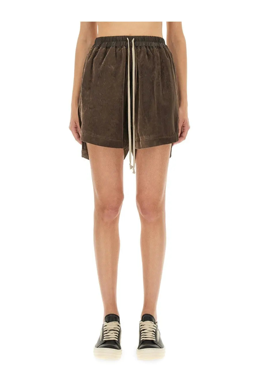 Rick Owens women’s dark brown velvet viscose and cupro shorts with drawstring waist and side slits