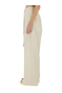 Rick owens women’s white wide leg pants with beige elastic waistband and side pockets in soft fabric