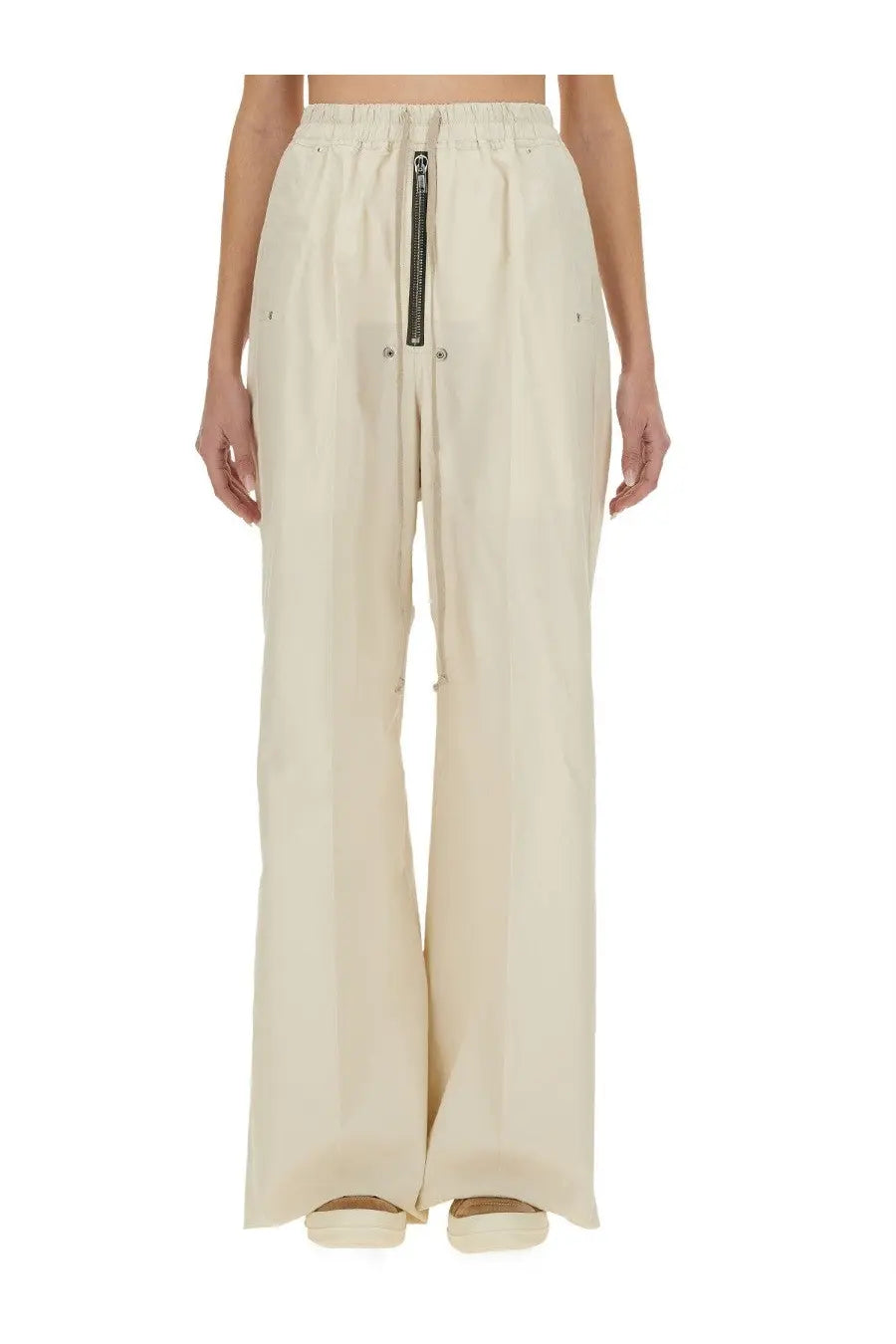 Cream-colored wide-leg trousers by Rick Owens featuring a drawstring waist and front zipper detail for women