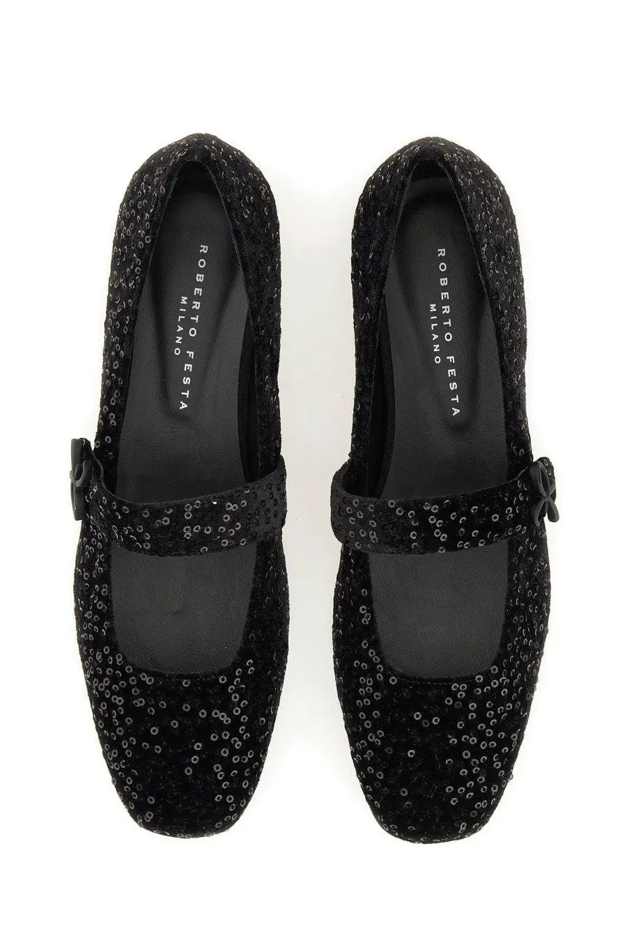 Roberto Festa women’s ballerina black black sequined velvet mary jane flats with round toe and ankle strap