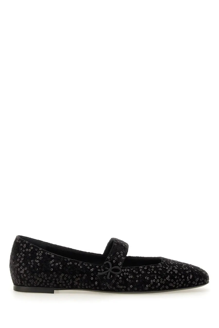 Roberto Festa women’s ballerina black velvet flat shoe with subtle sequined pattern and small bow on strap