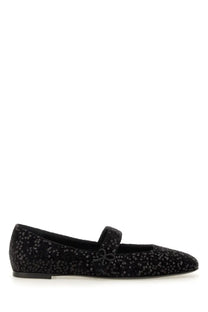 Roberto Festa women’s ballerina black velvet flat shoe with subtle sequined pattern and small bow on strap