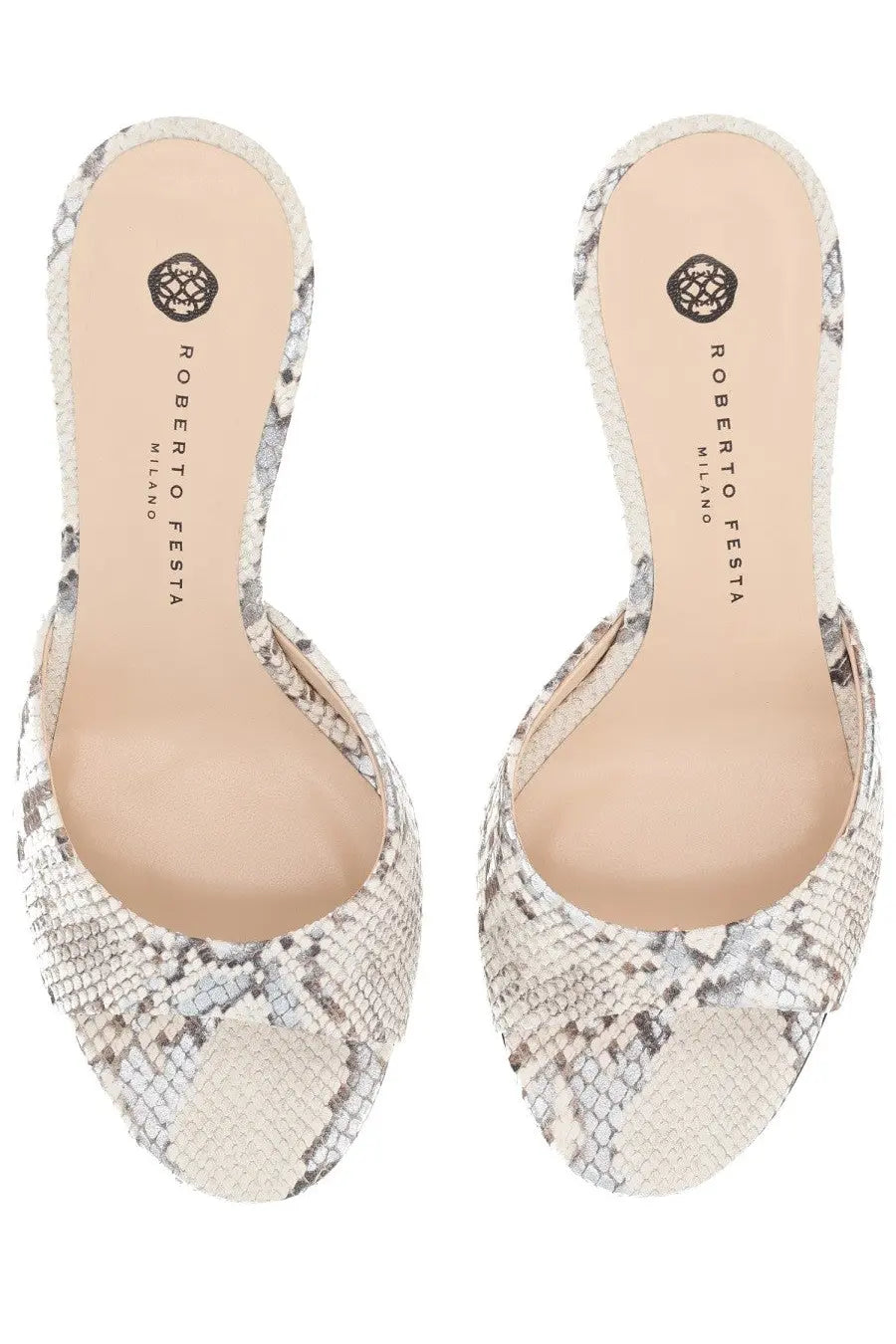 Beige and gray snake-print peep-toe mules by Roberto Festa featuring Boa Liz écotilé pattern design