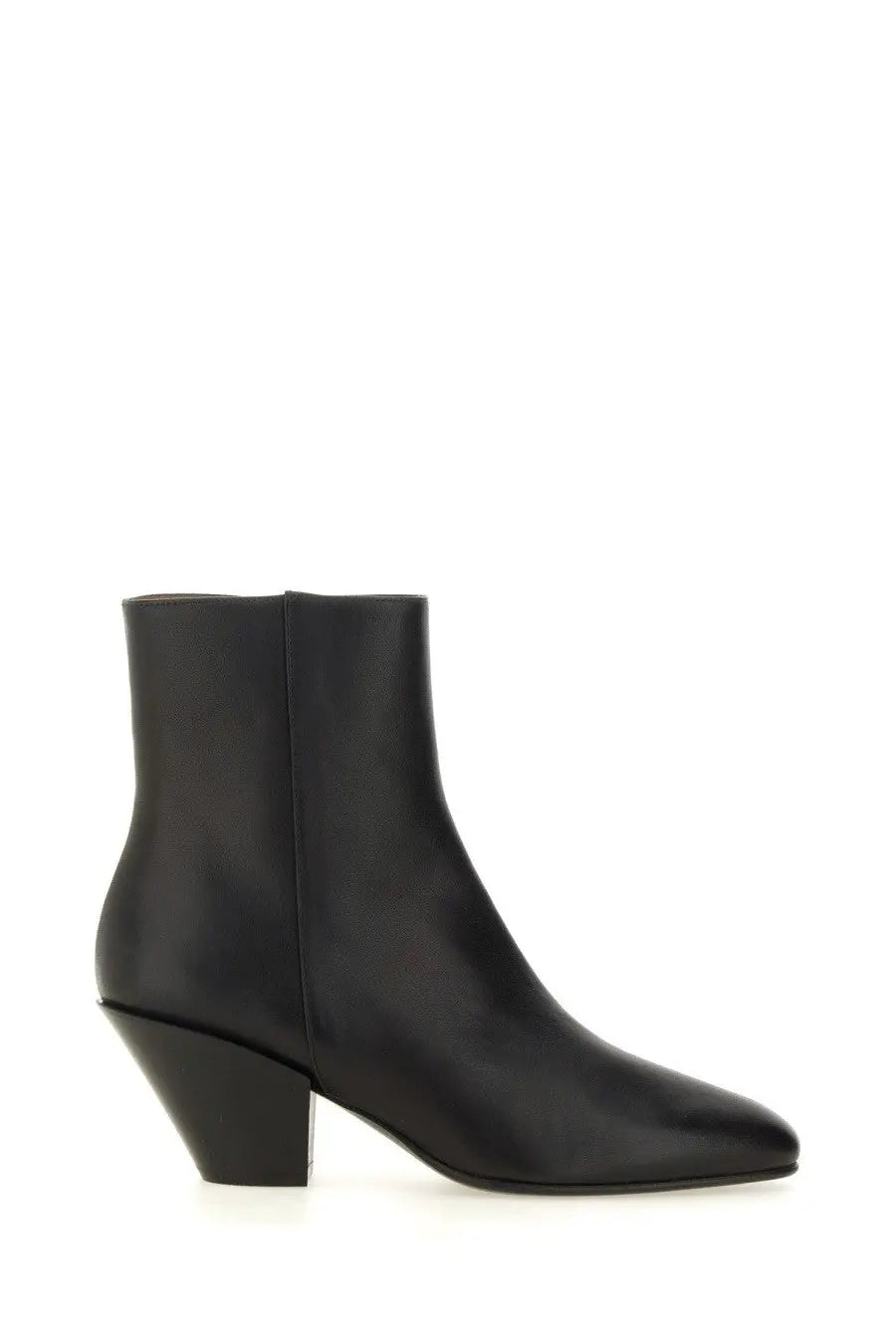 Roberto festa women’s black leather ankle boot with a sleek pointed toe and low block heel
