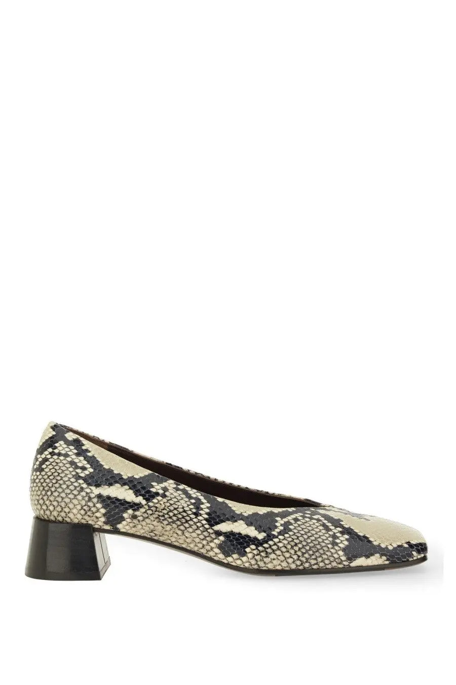Beige and black snake-print leather pump with glossy black block heel by roberto festa women’s écolleté vina pattern
