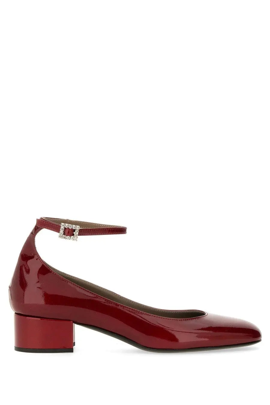 Roberto festa women’s mary jane margot red patent leather pump with ankle strap and crystal square buckle