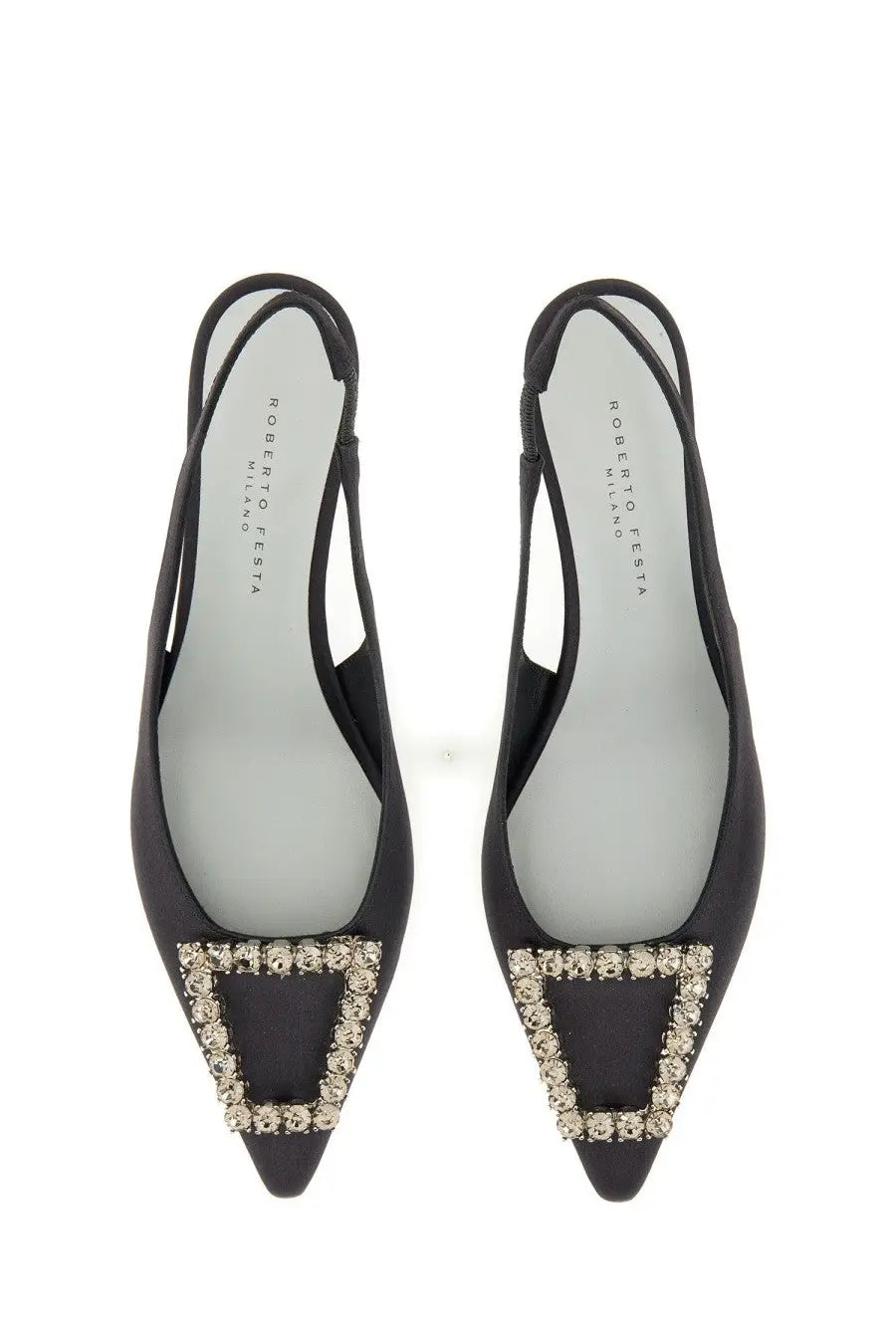 Roberto Festa women’s black satin slingback flats with a square buckle adorned with sparkling crystals