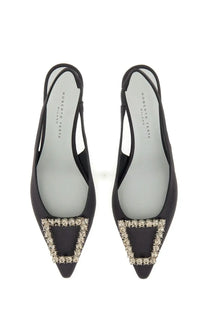 Roberto Festa women’s black satin slingback flats with a square buckle adorned with sparkling crystals