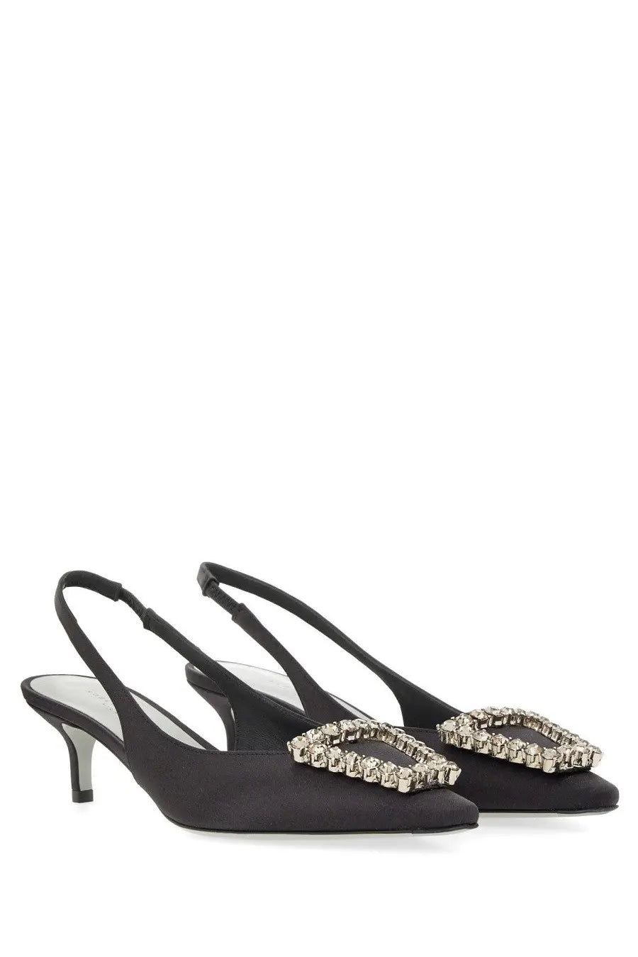 Roberto Festa women’s slingback futura black satin heels with a sparkling rhinestone buckle detail
