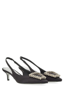 Roberto Festa women’s slingback futura black satin heels with a sparkling rhinestone buckle detail