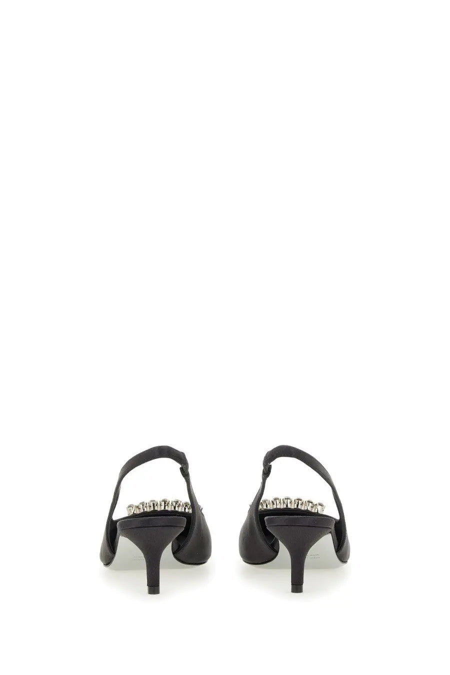 Back view of roberto festa women’s slingback futura black satin heels with clear rhinestones along the strap