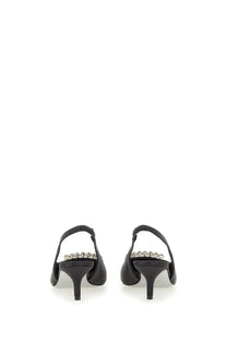 Back view of roberto festa women’s slingback futura black satin heels with clear rhinestones along the strap