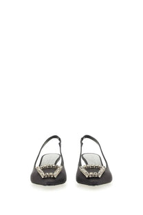 Roberto Festa women’s slingback futura black satin pumps with sparkling rhinestone encrusted square buckle