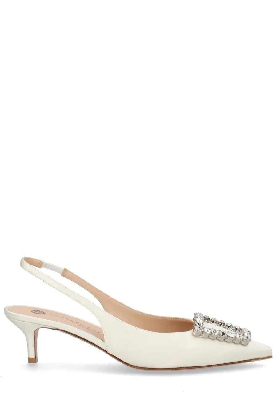 Roberto Festa women’s cream-colored satin slingback pump with a sparkling rhinestone buckle at the toe