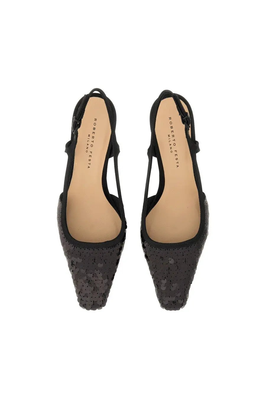 Black sequined pointed-toe slingback flats by Roberto Ferragamo perfect for elegant casual wear