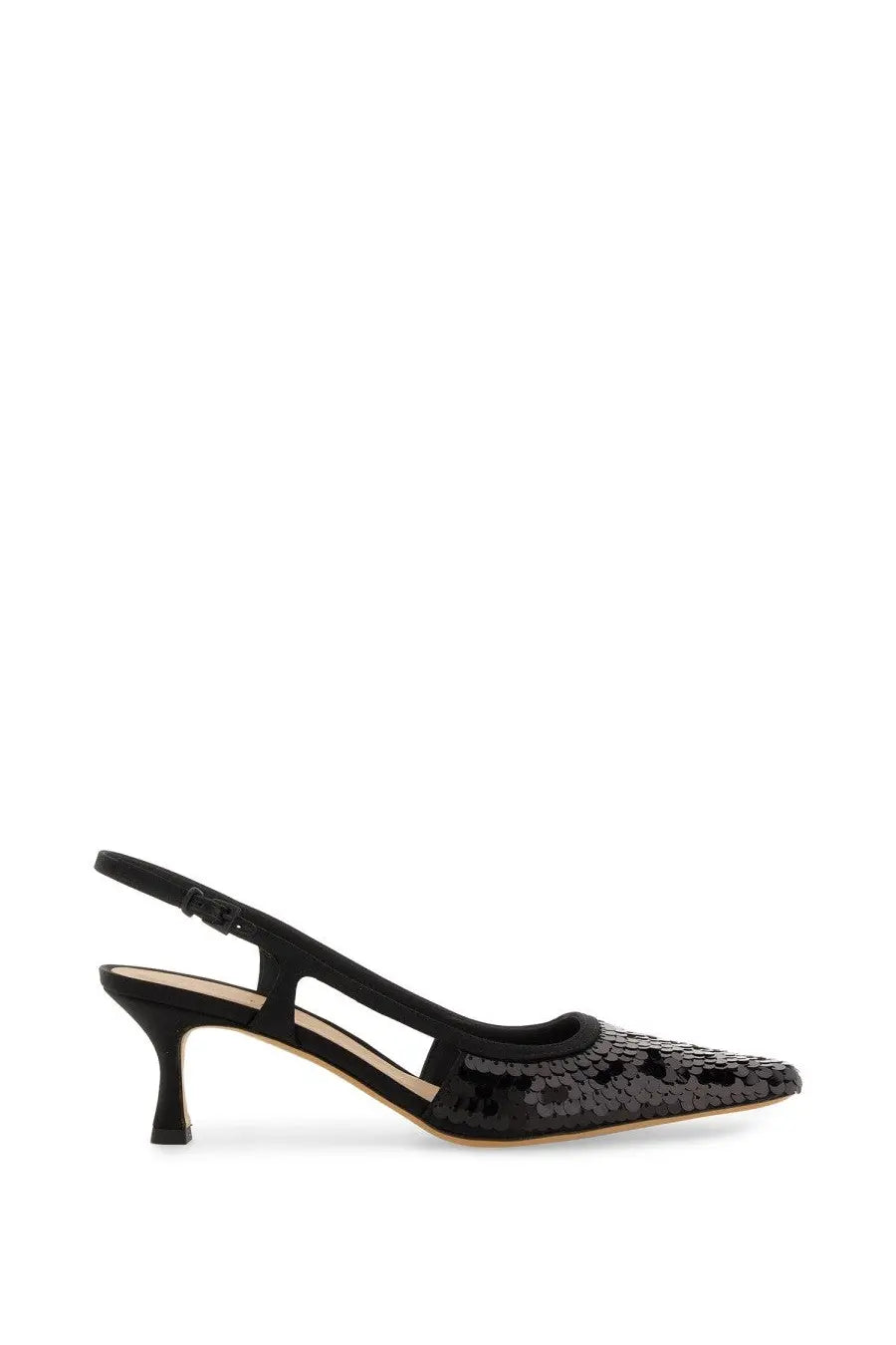 Roberto Festa women’s slingback Seville black pump with black sequined material, pointed toe, and low heel