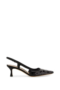 Roberto Festa women’s slingback Seville black pump with black sequined material, pointed toe, and low heel