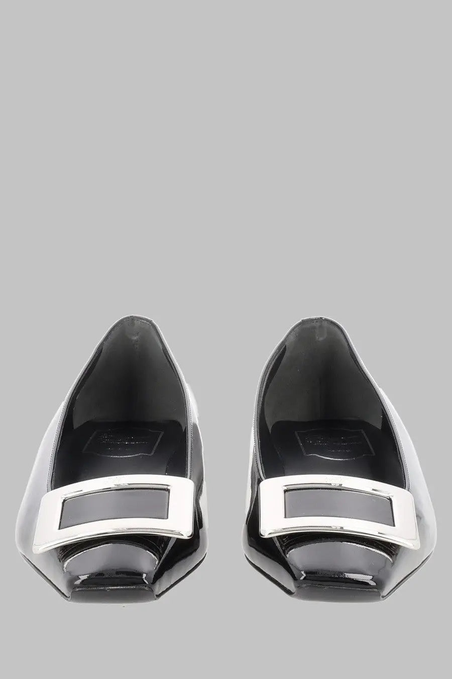 Roger Vivier women’s ballerina Belle Vivier flats in black patent leather with a silver rectangular buckle