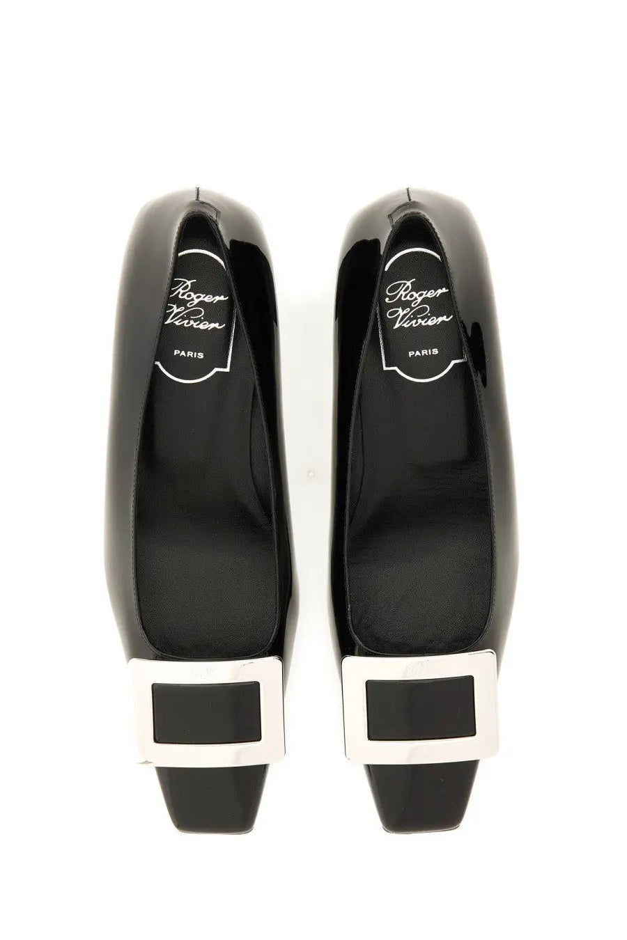 Roger Vivier women’s Belle Vivier pumps in black patent leather with sleek square silver buckle at the toe