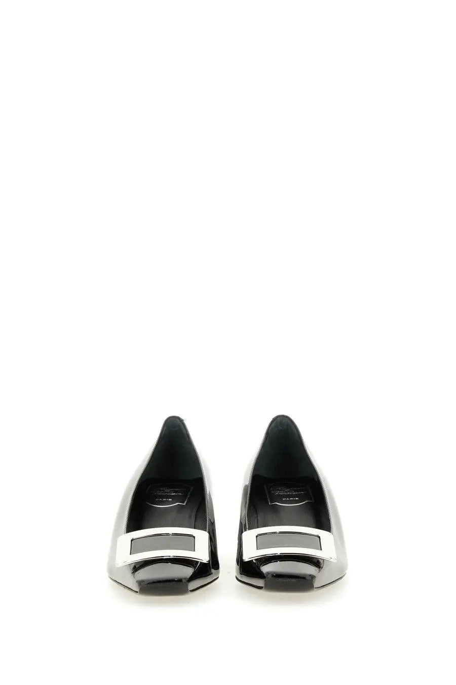Roger Vivier women’s belle vivier black patent leather flats with silver rectangular buckle front view