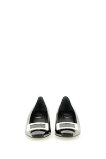 Roger Vivier women’s belle vivier black patent leather flats with silver rectangular buckle front view