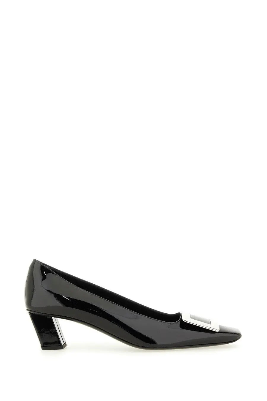 Roger Vivier women’s black patent leather pump with silver rectangular buckle at the toe