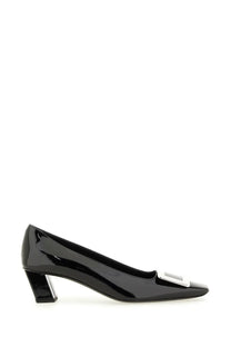 Roger Vivier women’s black patent leather pump with silver rectangular buckle at the toe
