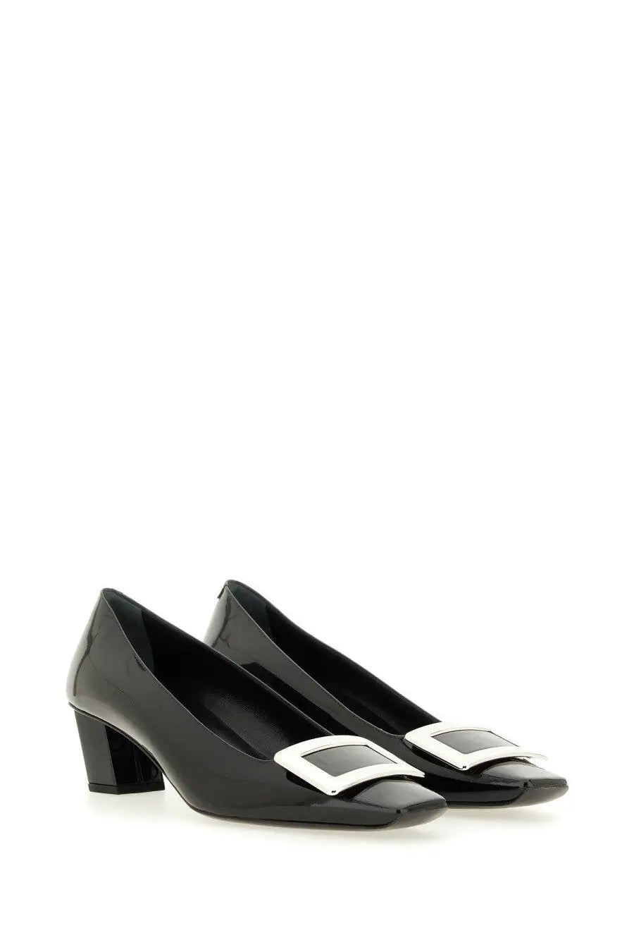 Roger vivier women’s belle vivier black patent leather pumps with silver rectangular buckle at the toe