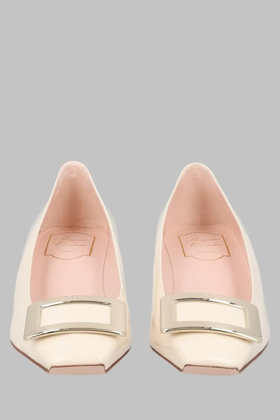 Roger vivier womens écolleté belle vivier cream patent leather ballet flats with silver rectangular buckle on toe