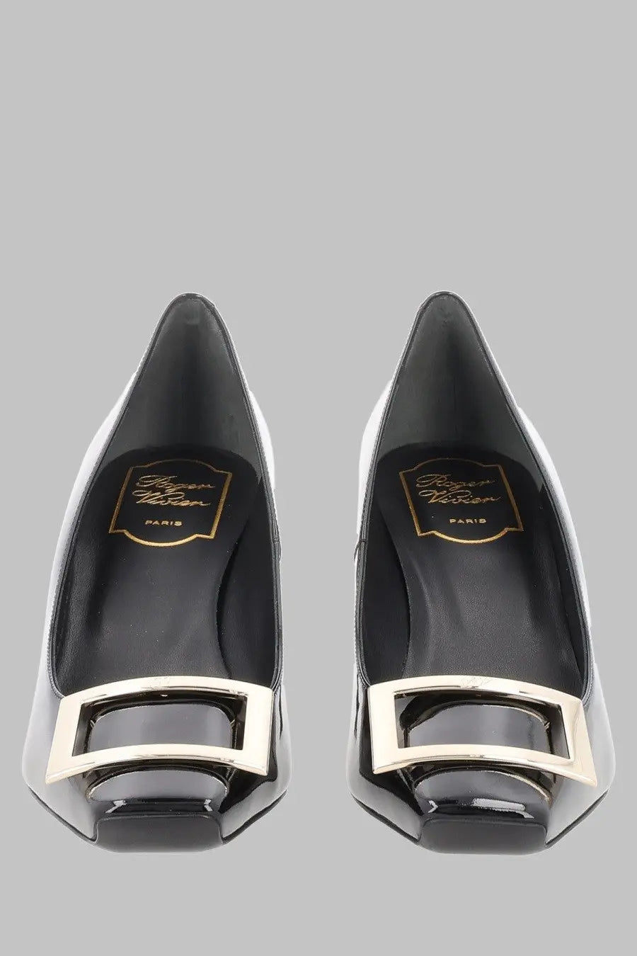 Roger Vivier women’s écolleté trompette black patent leather pumps with a sleek square gold-tone buckle at the toe