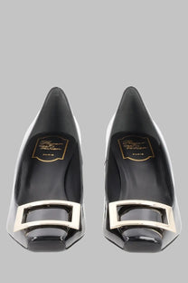Roger Vivier women’s écolleté trompette black patent leather pumps with a sleek square gold-tone buckle at the toe