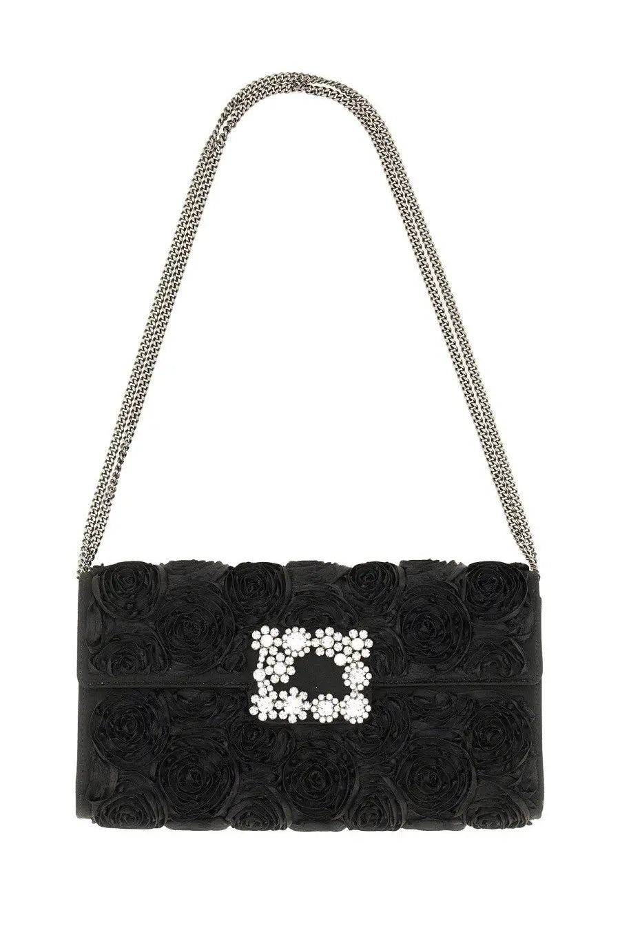 Roger Vivier women’s black clutch bag with three-dimensional rose texture and diamond-encrusted rectangular clasp