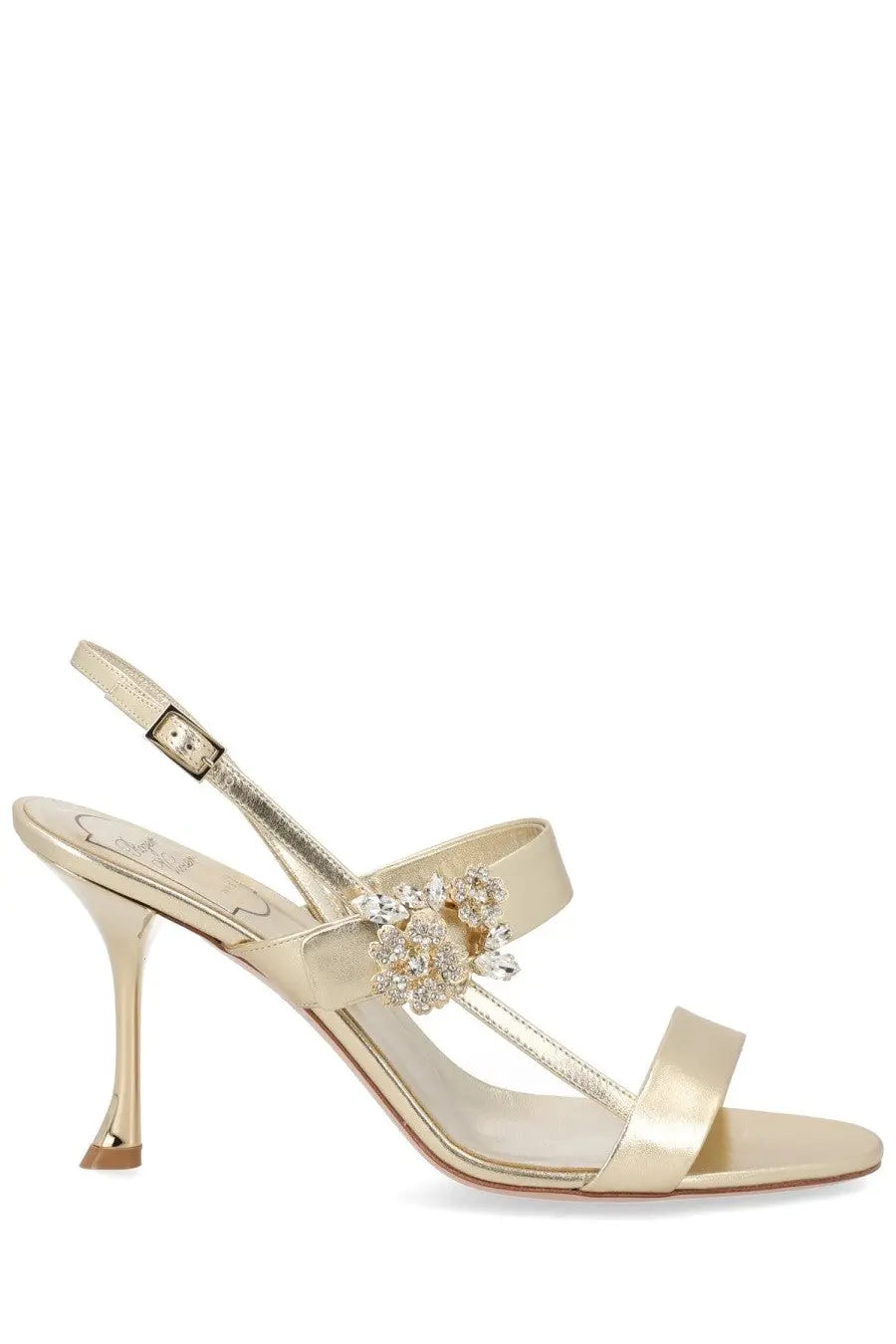 Roger Vivier women’s gold satin sandal with delicate ankle strap and crystal flower embellishment across the foot