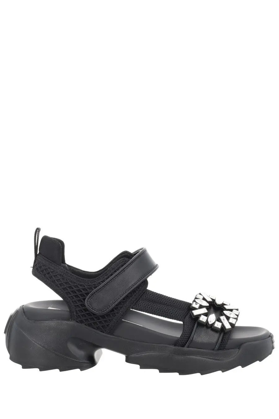 Roger Vivier women’s sandalo viv on the run black mesh and leather sandal with chunky sole and crystal buckle