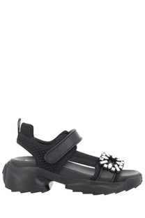 Roger Vivier women’s sandalo viv on the run black mesh and leather sandal with chunky sole and crystal buckle