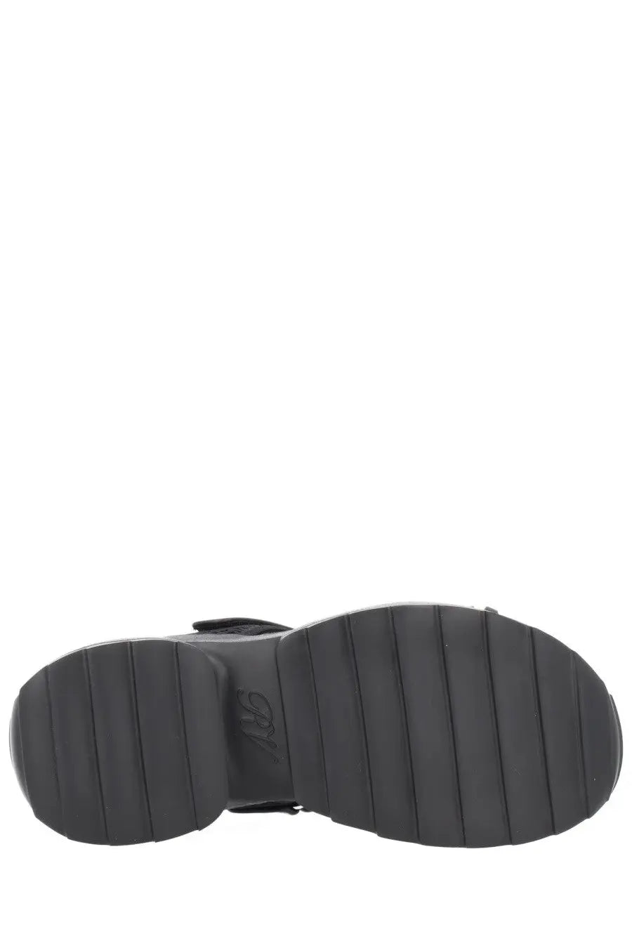 Back view of roger vivier women’s sandalo viv on the run black with black rubber sole and ribbed textured pattern