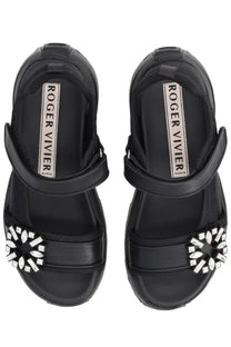 Black roger vivier women’s sandalo viv on the run sandals with bold crystal-embellished buckle design