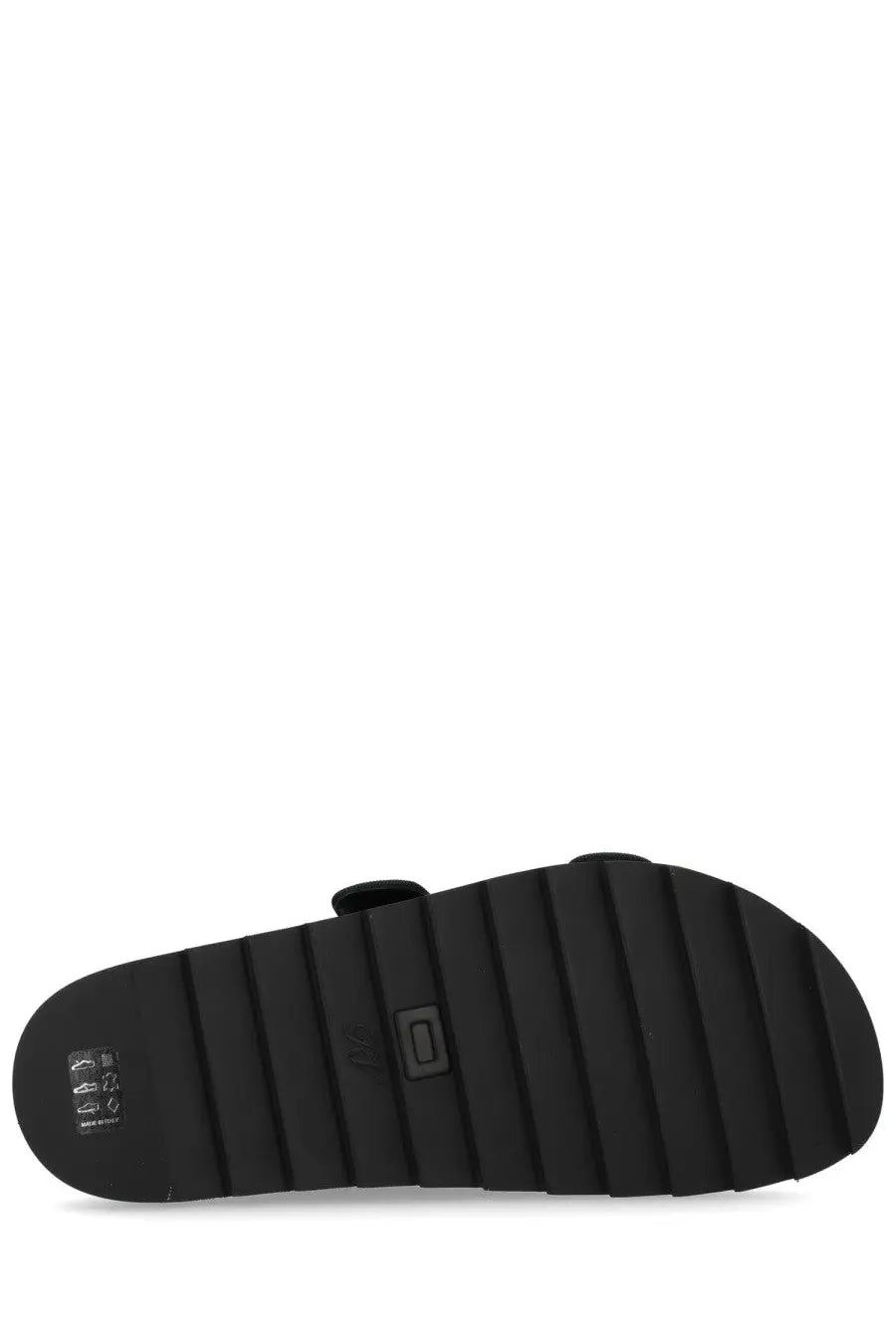 Back view of roger vivier womens slidi viv sandal green showing black rubber sole with ribbed texture and logo near heel