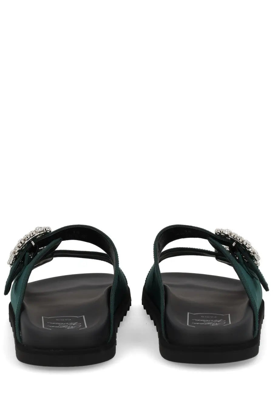 Roger vivier women’s slidi viv sandal green dark green suede with black rubber sole and silver rhinestone buckle