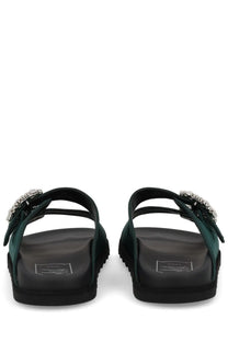 Roger vivier women’s slidi viv sandal green dark green suede with black rubber sole and silver rhinestone buckle