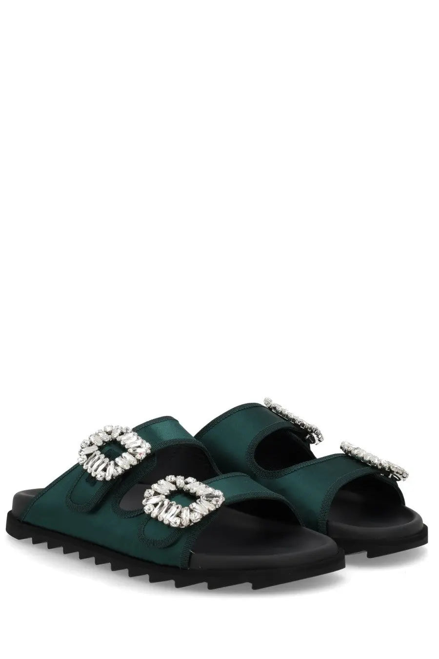 Roger Vivier women’s emerald green satin slide sandals with sparkling rhinestone buckle accents