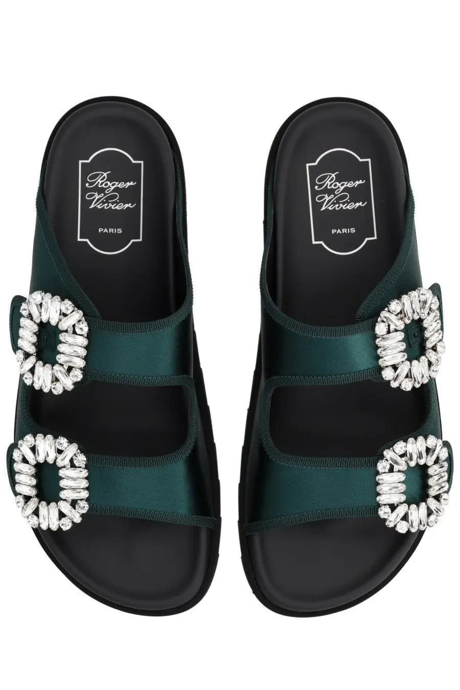 Emerald green satin slide sandals with sparkling crystal buckle details from roger vivier womens slidi viv sandal green