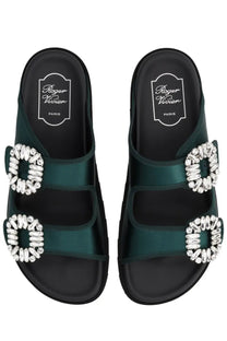 Emerald green satin slide sandals with sparkling crystal buckle details from roger vivier womens slidi viv sandal green