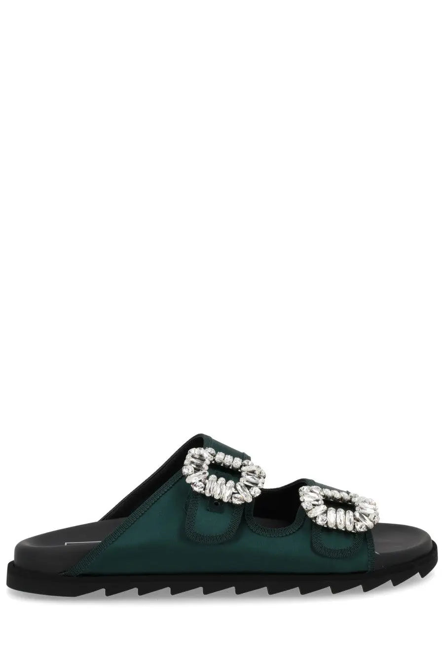 Roger Vivier women’s slidi viv sandal in emerald green satin with two crystal buckle straps and a black rubber sole