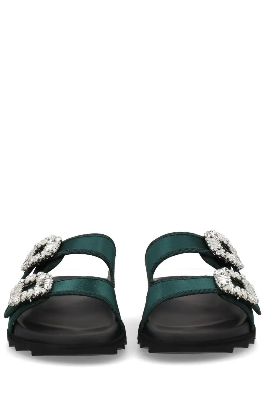 Roger vivier women’s slidi viv emerald green satin slide sandals with crystal-encrusted buckle details